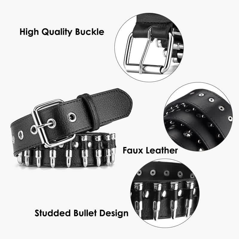 Black Punk Rock Bullets Rivet Studded Leather Belt - Image 4
