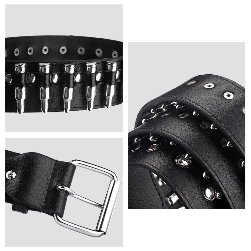 Black Punk Rock Bullets Rivet Studded Leather Belt - Image 5