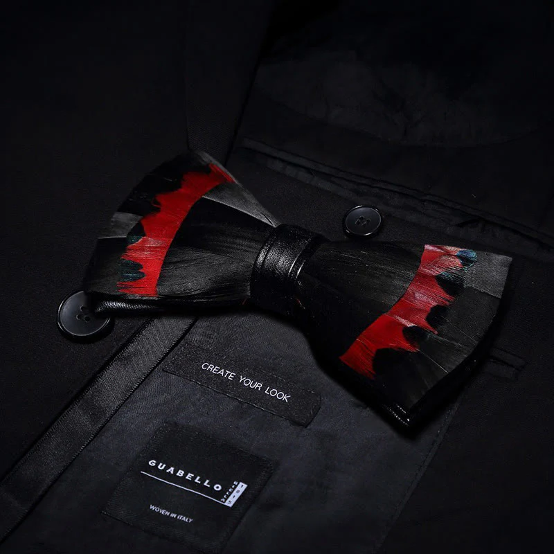 Black & Red Swan Feather Bow Tie with Lapel Pin - Image 2