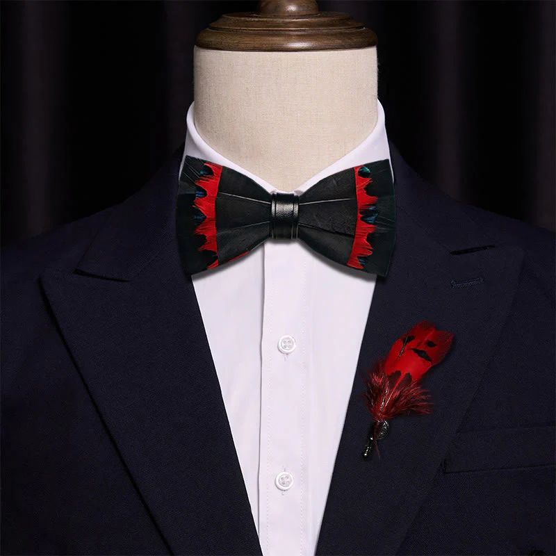 Black & Red Swan Feather Bow Tie with Lapel Pin - Image 3