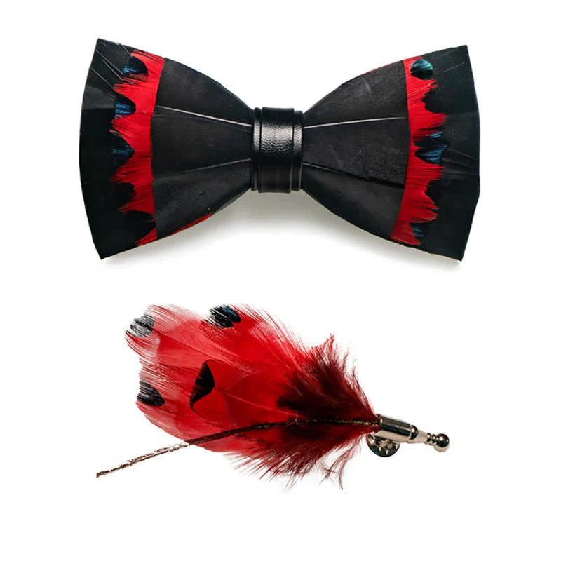 Black & Red Swan Feather Bow Tie with Lapel Pin - Image 4