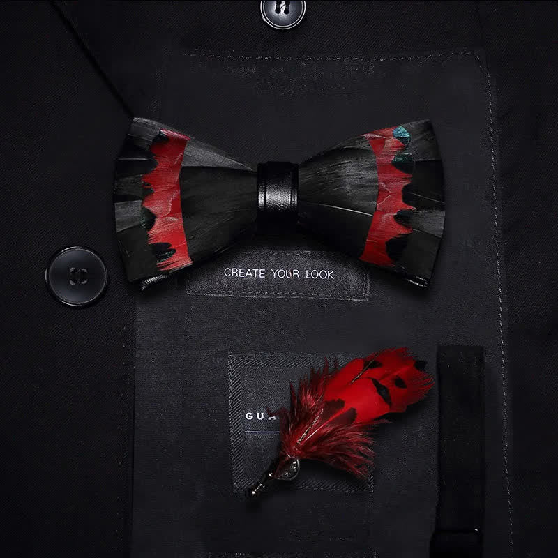 Black & Red Swan Feather Bow Tie with Lapel Pin - Image 6