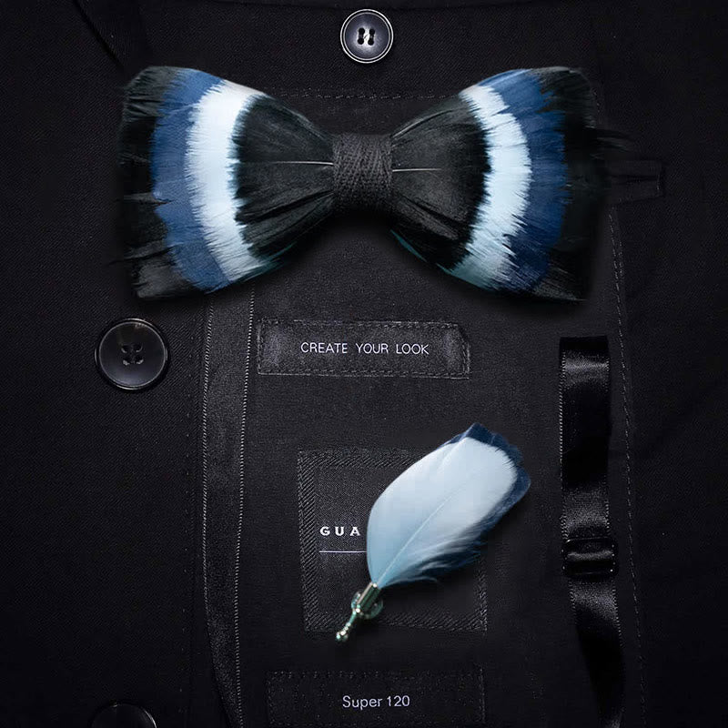 Black & Shade of Blue Feather Bow Tie with Lapel Pin - Image 3