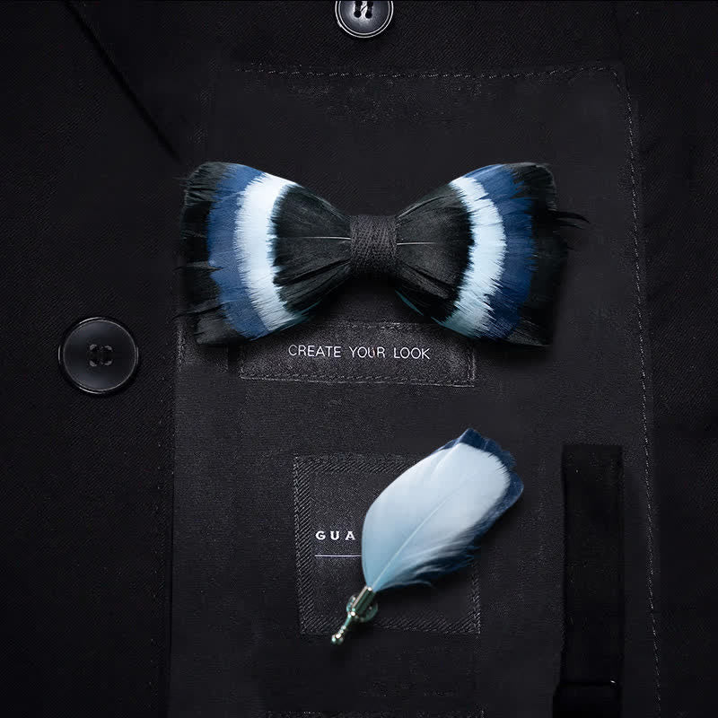 Black & Shade of Blue Feather Bow Tie with Lapel Pin - Image 4