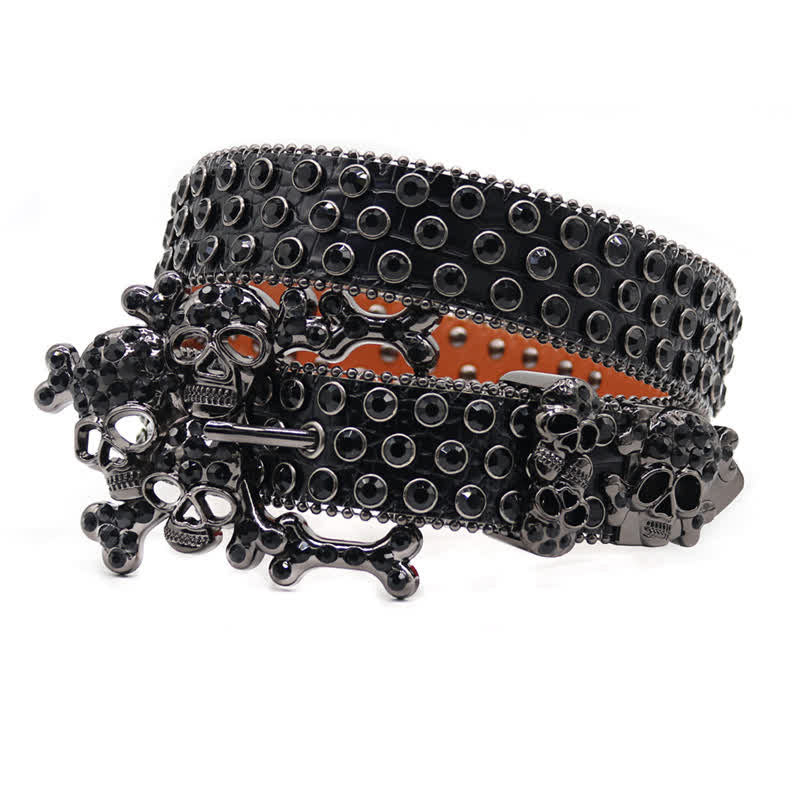 Black Skull Shape Buckle Rhinestone Studded Leather Belt - Image 3