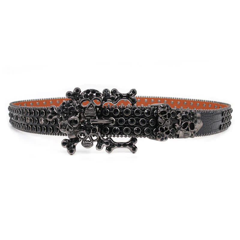 Black Skull Shape Buckle Rhinestone Studded Leather Belt - Image 5