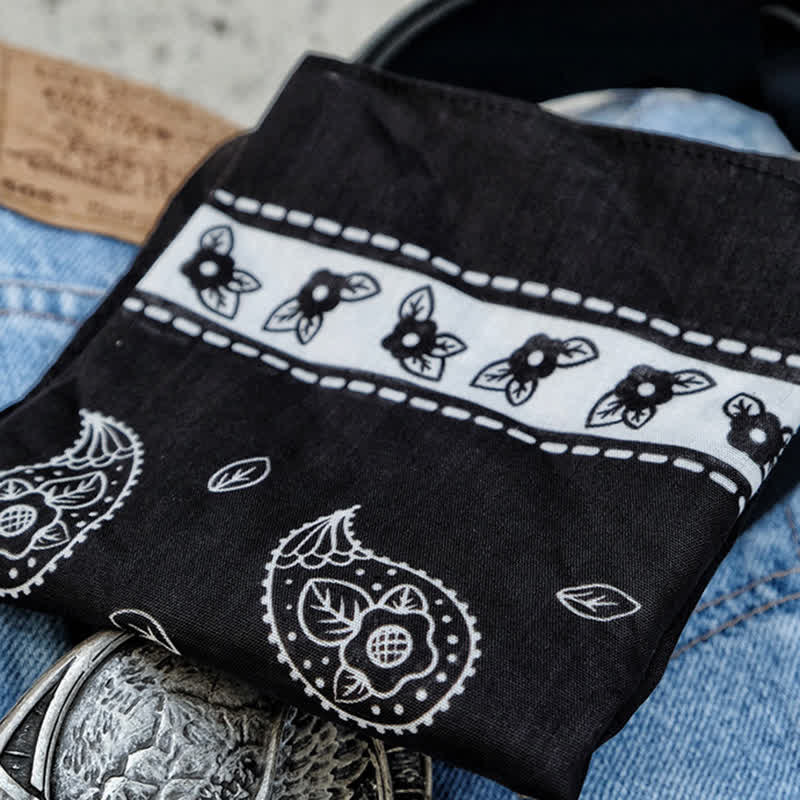 Black Tiny Paisley Square Scarf with Leather Lion Scarf Buckle - Image 6