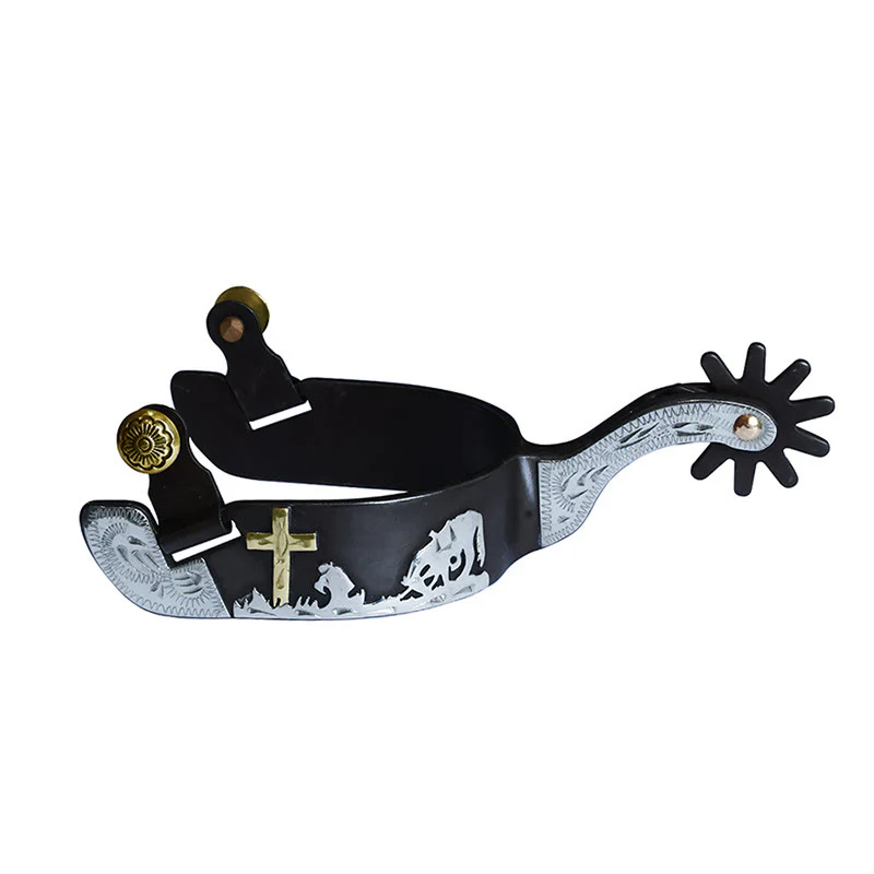 Black White Copper Carved Cross Spurs With Brass Buckles