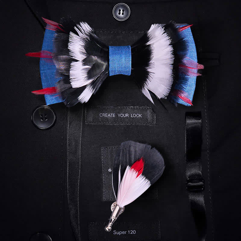 Black & White Deluxe Blue Flax Feather Bow Tie