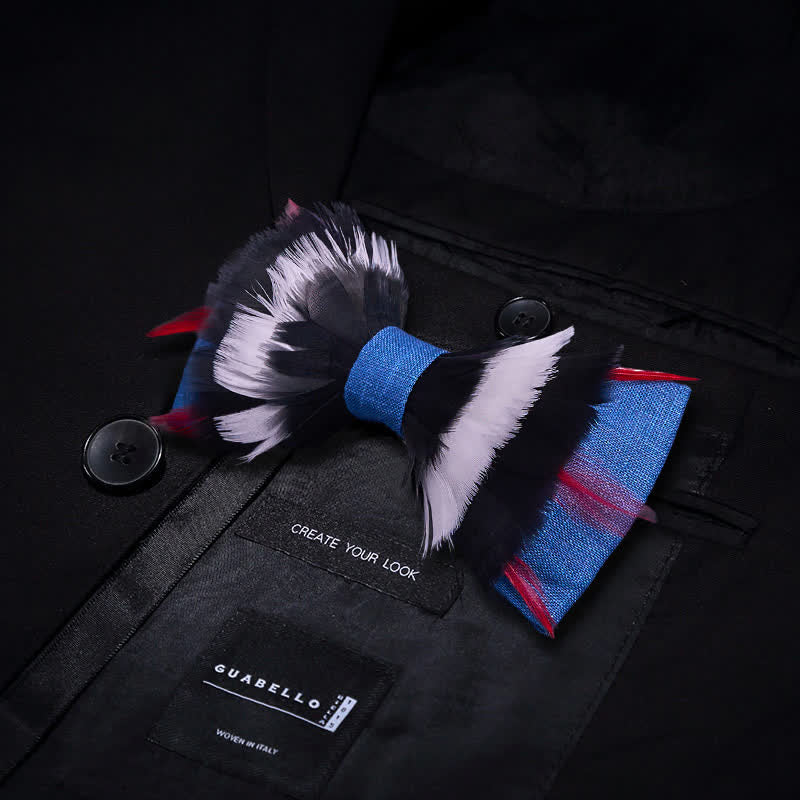 Black & White Deluxe Blue Flax Feather Bow Tie - Image 3