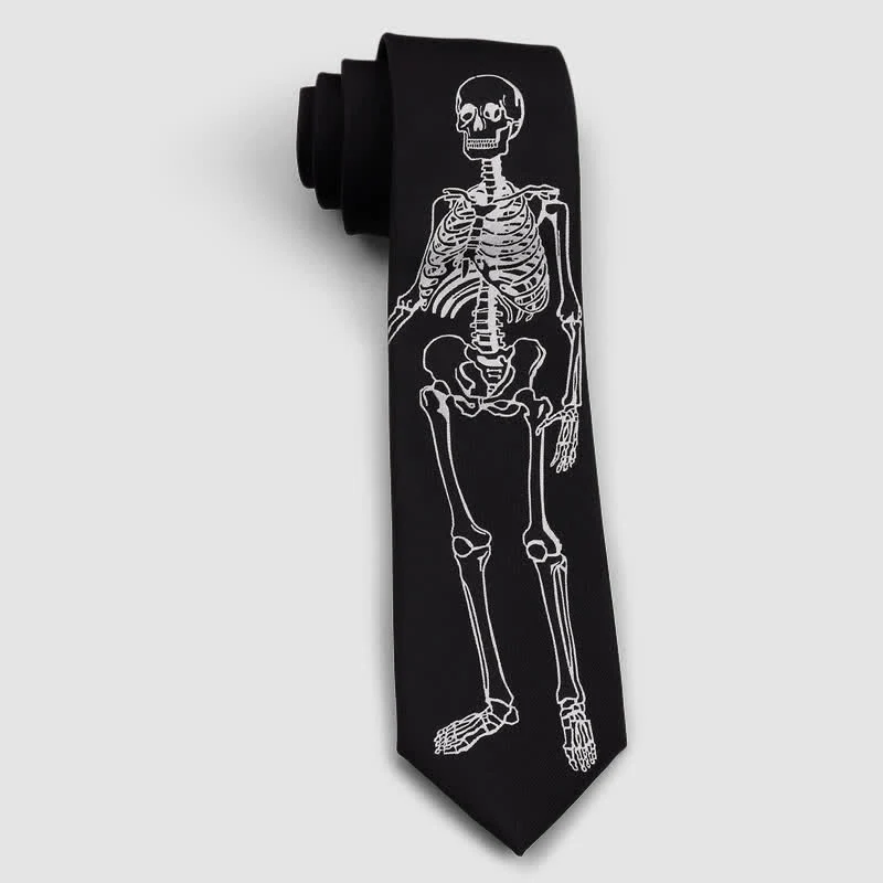Black & White Embroidered Skull Skeleton Halloween Necktie - Image 3