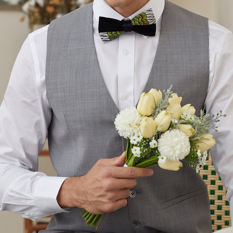 Black & White Patchwork Peacock Feather Bow Tie - Image 3