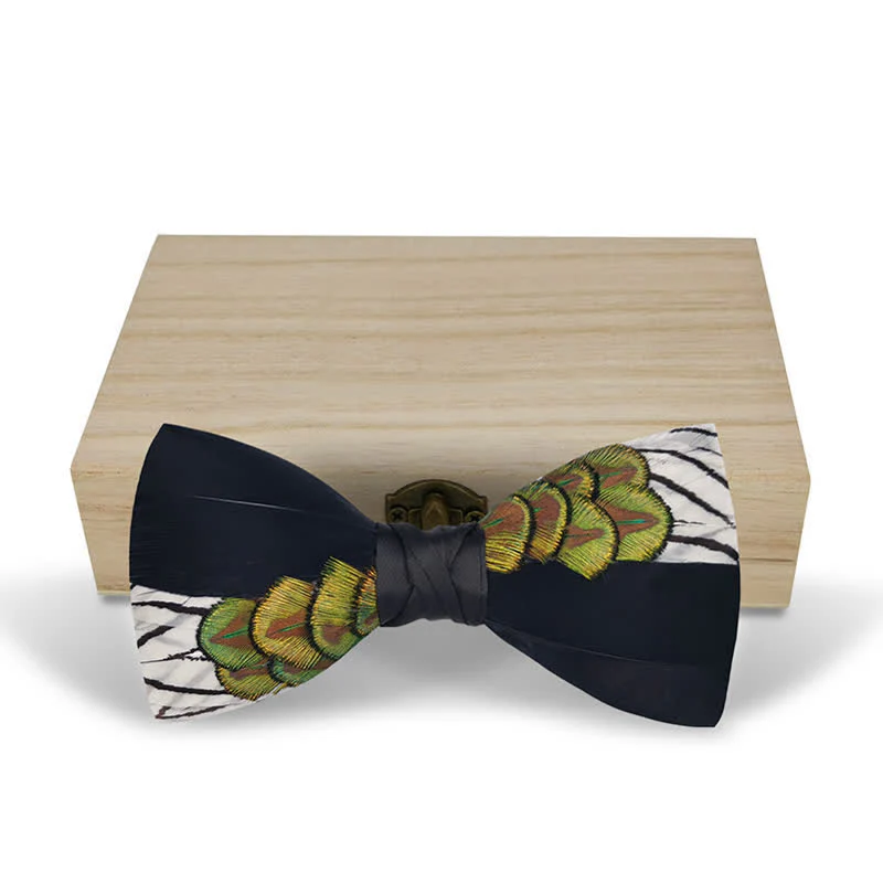 Black & White Patchwork Peacock Feather Bow Tie - Image 5
