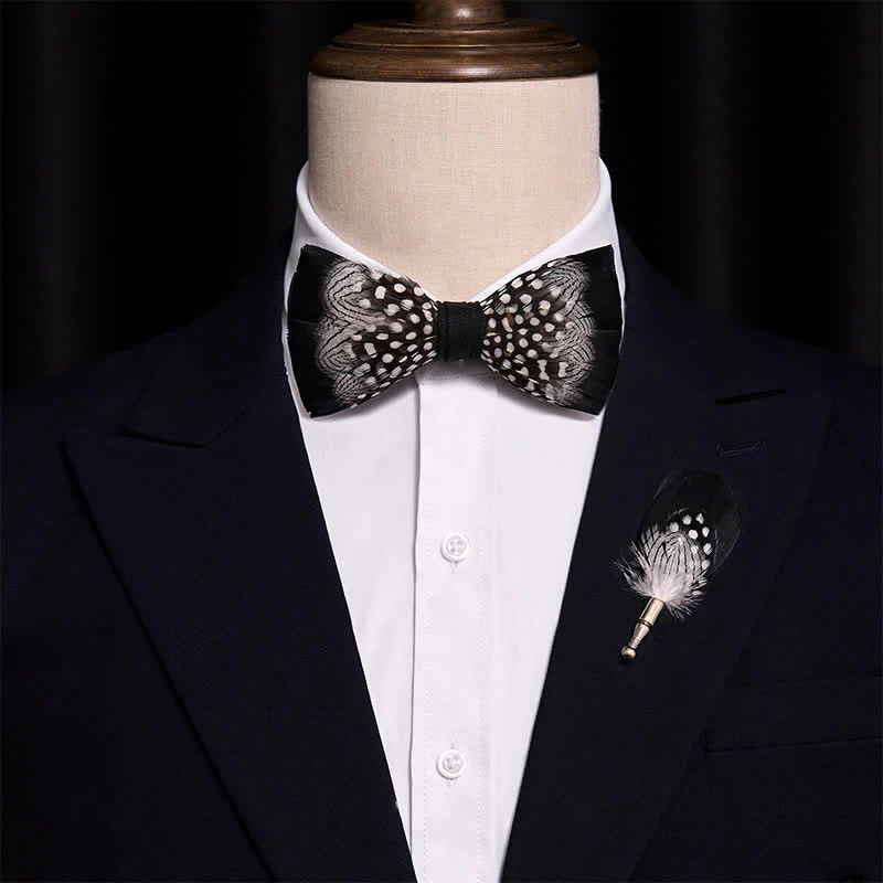 Black & White Interwoven Feather Bow Tie with Lapel Pin - Image 2