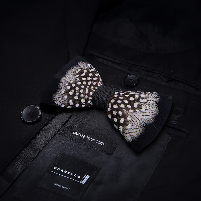 Black & White Interwoven Feather Bow Tie with Lapel Pin - Image 3