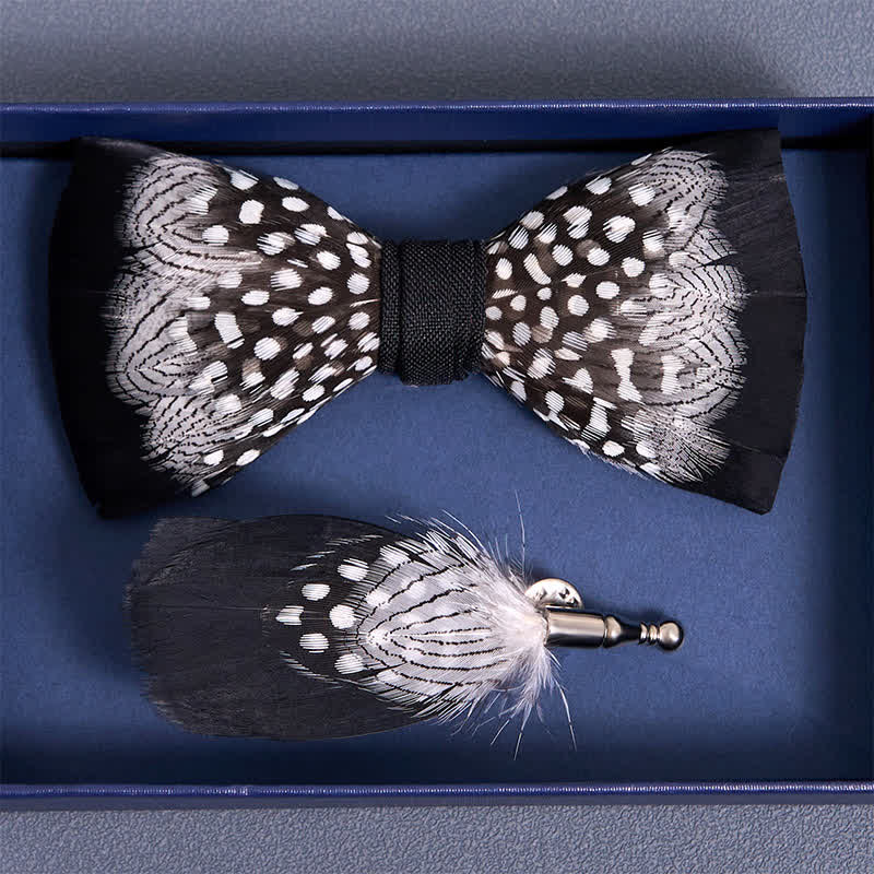 Black & White Interwoven Feather Bow Tie with Lapel Pin - Image 4