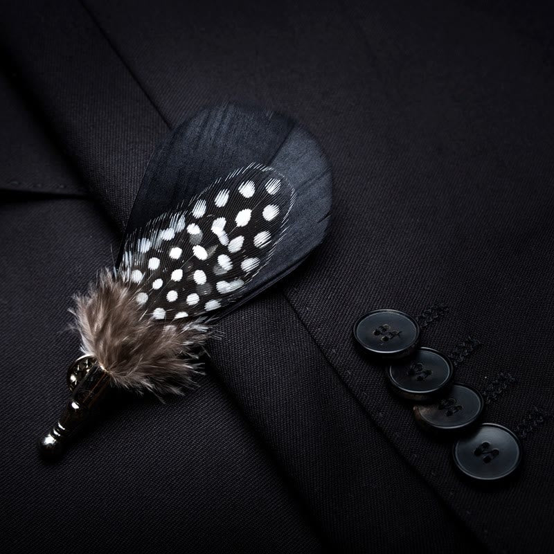 Black & White Dots Feather Bow Tie with Lapel Pin - Image 3