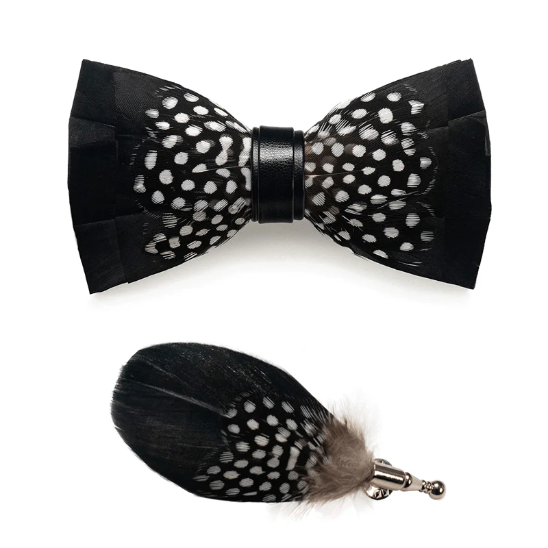Black & White Dots Feather Bow Tie with Lapel Pin - Image 4
