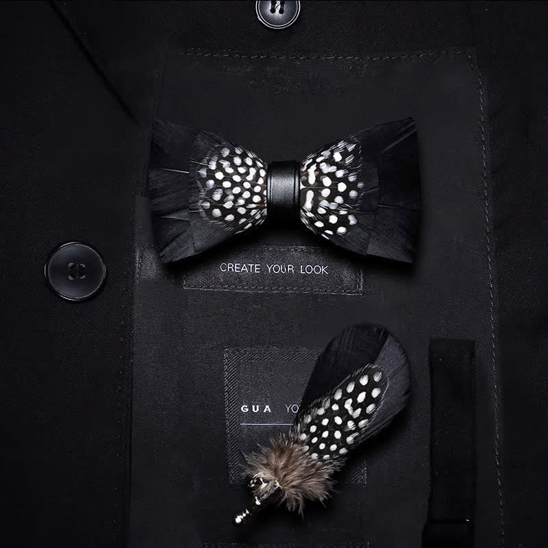 Black & White Dots Feather Bow Tie with Lapel Pin - Image 6