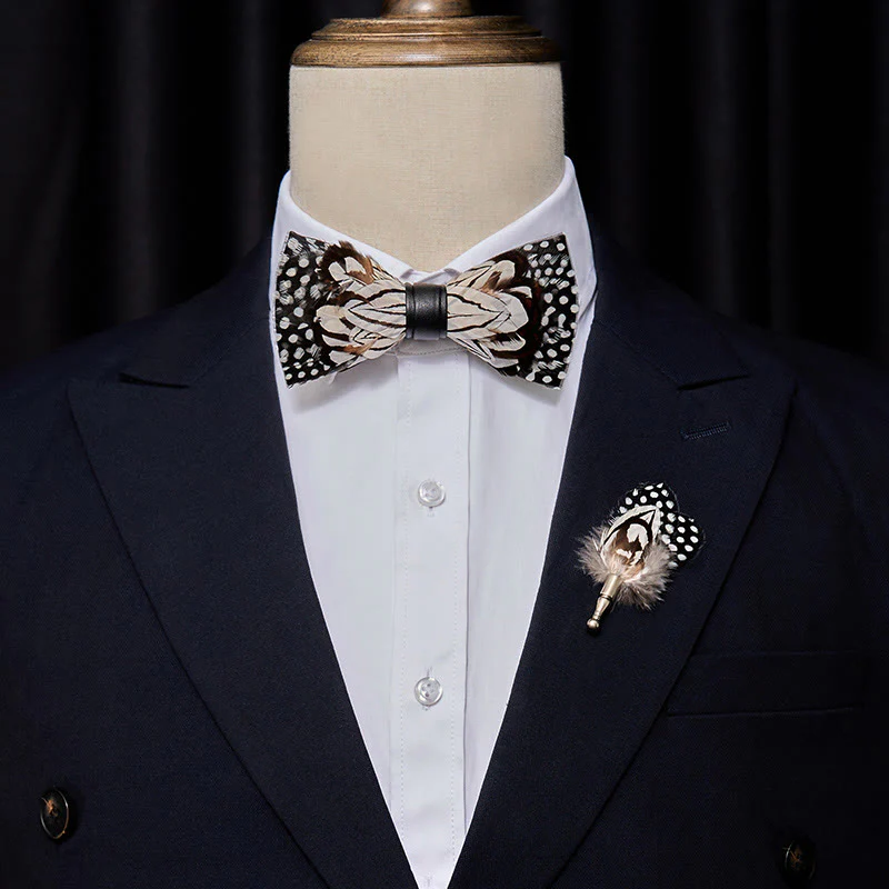 Black & White Owl Feather Bow Tie with Lapel Pin - Image 2