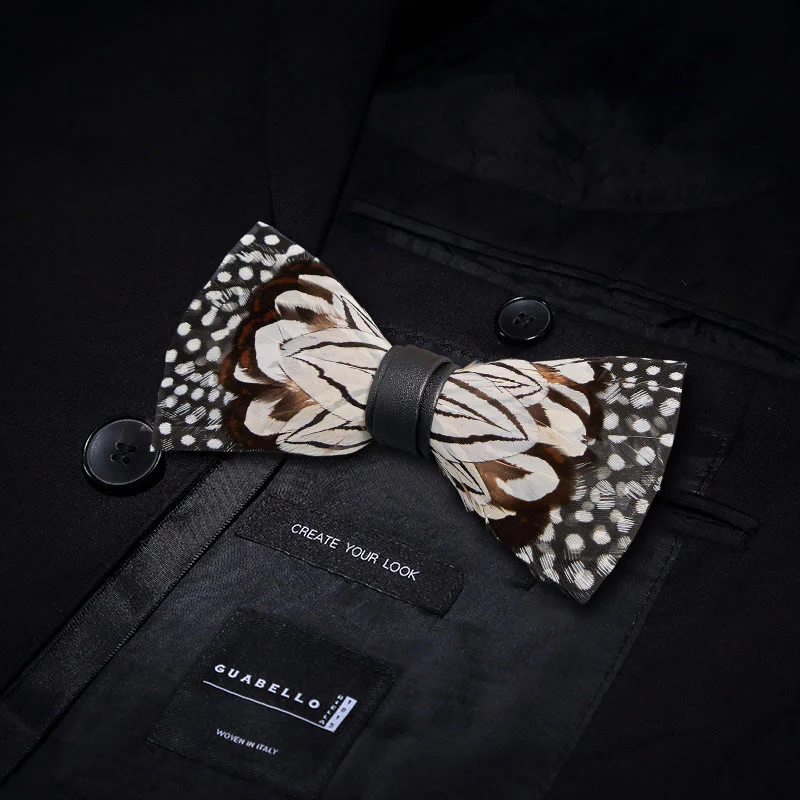 Black & White Owl Feather Bow Tie with Lapel Pin - Image 3