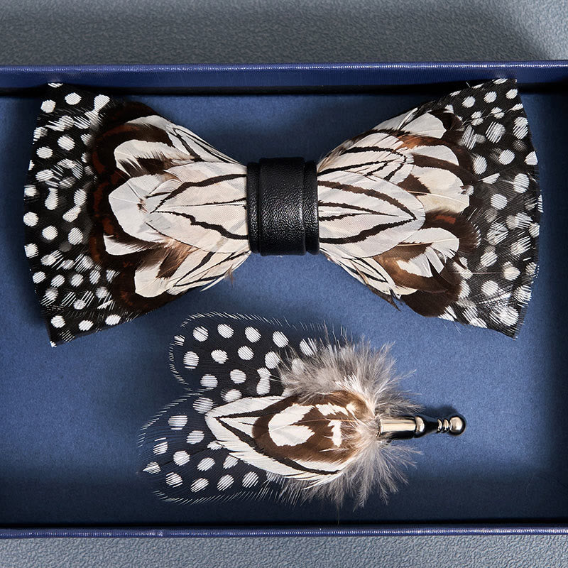 Black & White Owl Feather Bow Tie with Lapel Pin - Image 4