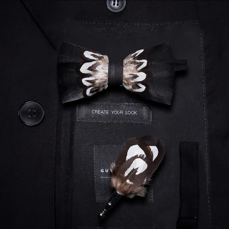 Black & White Pattern Feather Bow Tie with Lapel Pin - Image 5