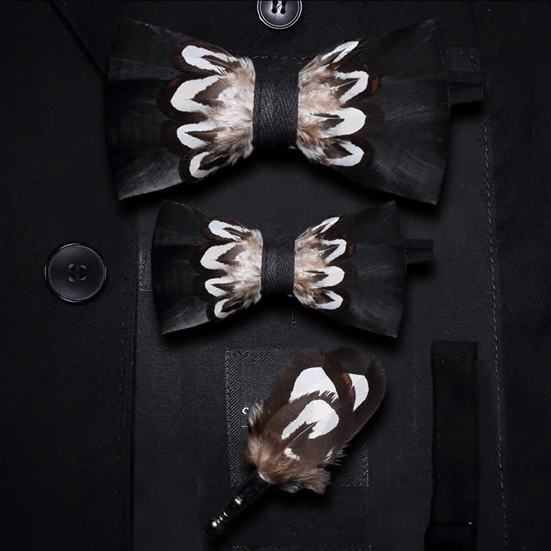 Black & White Pattern Feather Bow Tie with Lapel Pin - Image 6