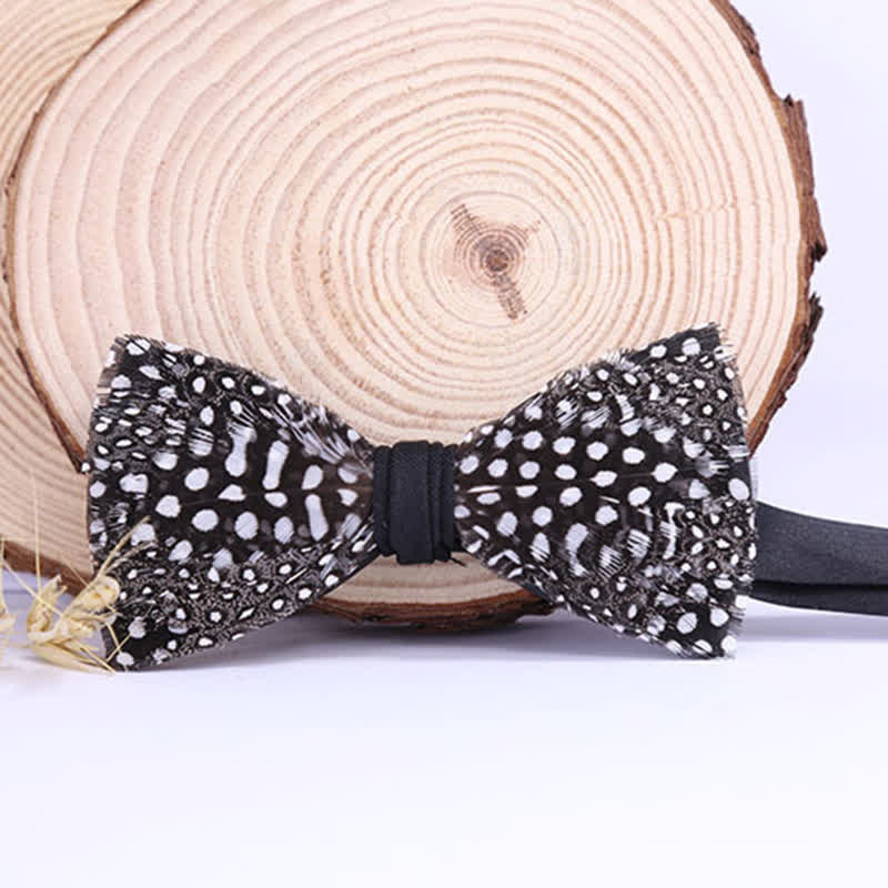 Black & White Polka Dotted Feather Bow Tie with Lapel Pin - Image 2