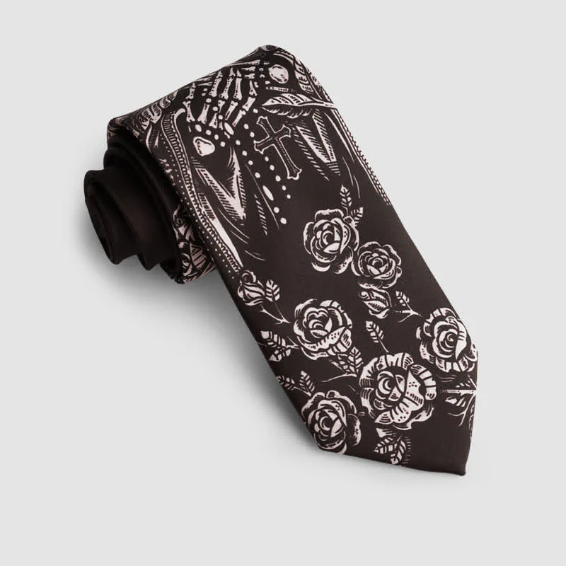 Black & White Rose Skull Cross Halloween Party Necktie