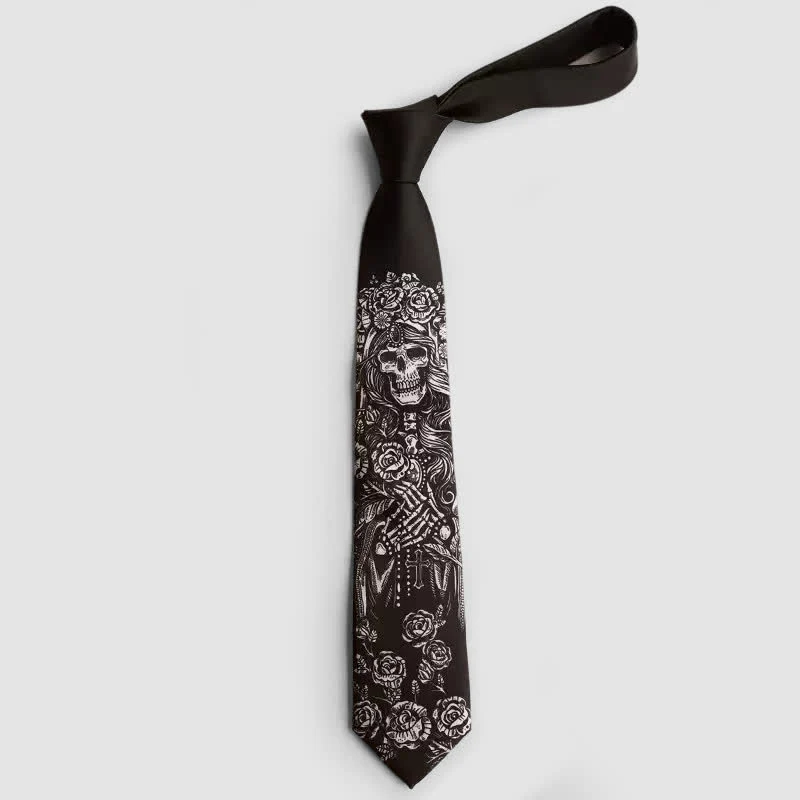 Black & White Rose Skull Cross Halloween Party Necktie - Image 3