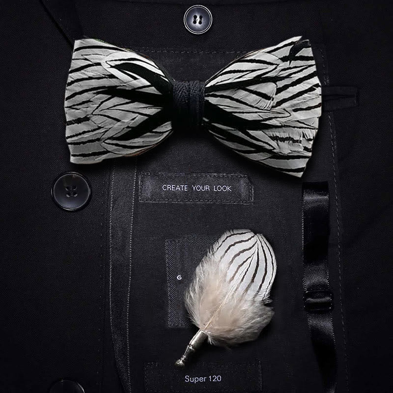 Black & White Zebra Stripe Feather Bow Tie with Lapel Pin