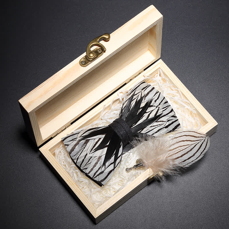 Black & White Zebra Stripe Feather Bow Tie with Lapel Pin - Image 2