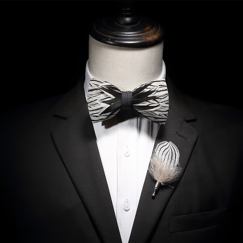 Black & White Zebra Stripe Feather Bow Tie with Lapel Pin - Image 3