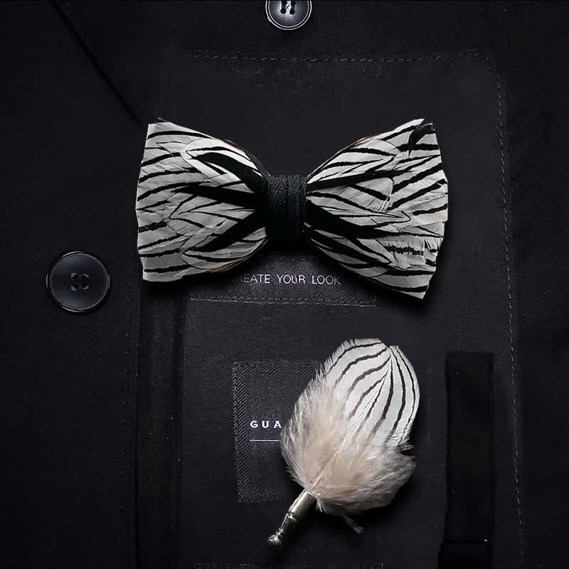 Black & White Zebra Stripe Feather Bow Tie with Lapel Pin - Image 5