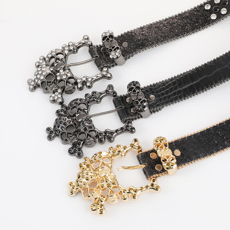 Bling Studded Mini Skull Rhinestone Rivets Leather Belt - Image 2