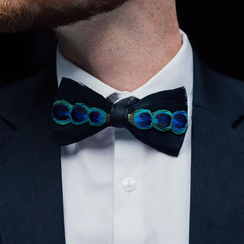 Blue & White Dye Eye Peacock Feather Bow Tie - Image 4