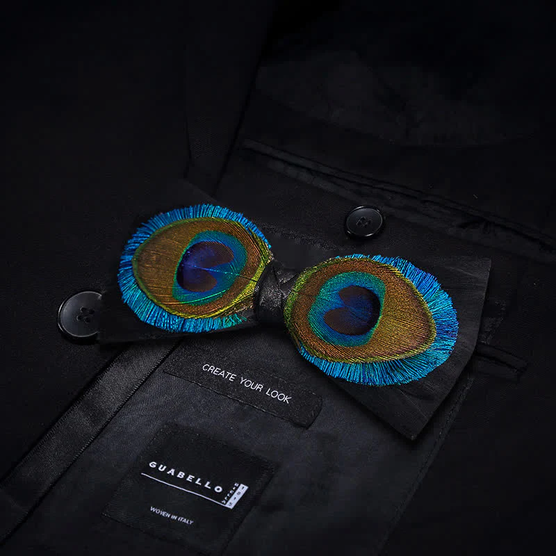 Blue & Black Peacock Eyes Feather Bow Tie - Image 2