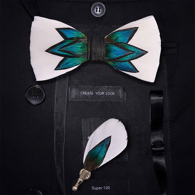 Blue Cyan & Cream White Feather Bow Tie