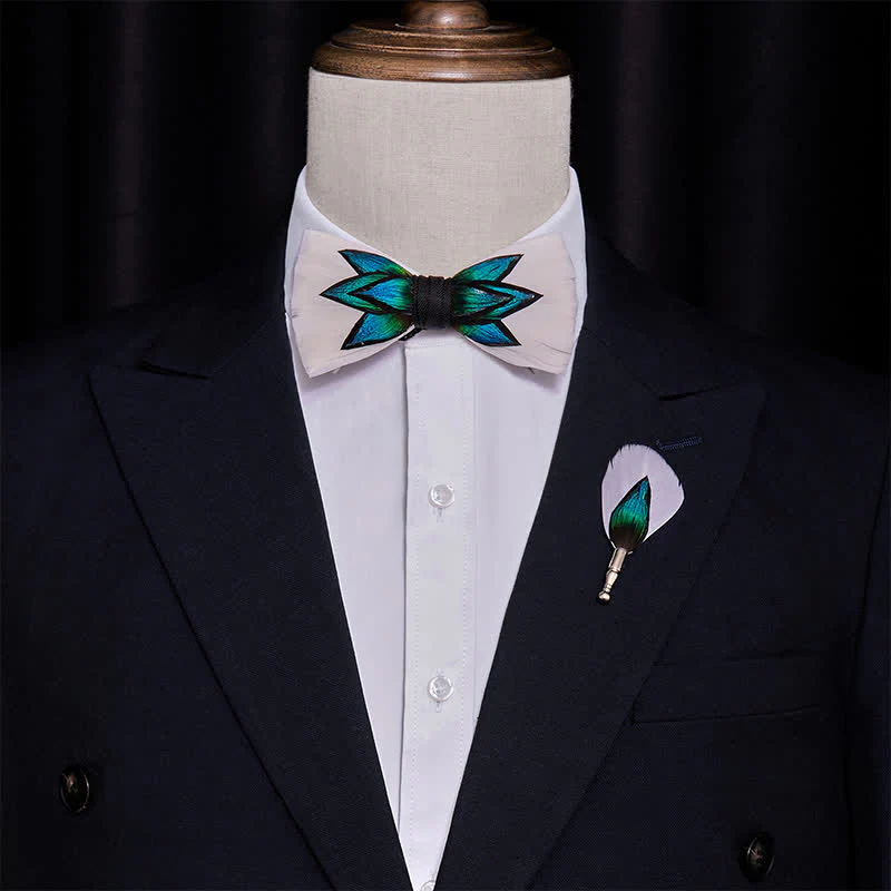 Blue Cyan & Cream White Feather Bow Tie - Image 2