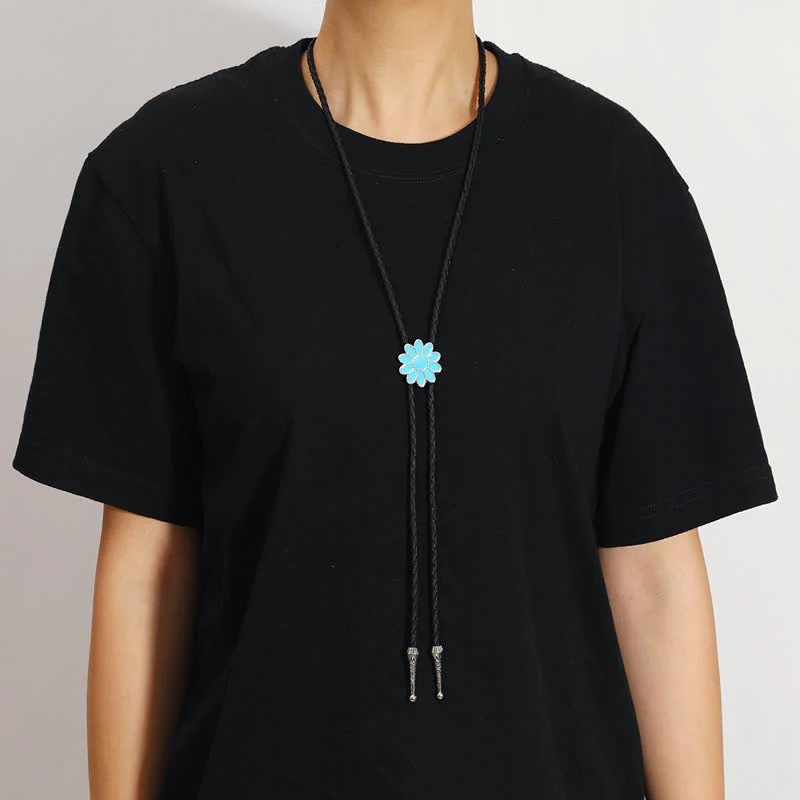 Blue Enameled Oval Flowers Triangle Bolo Tie - Image 2