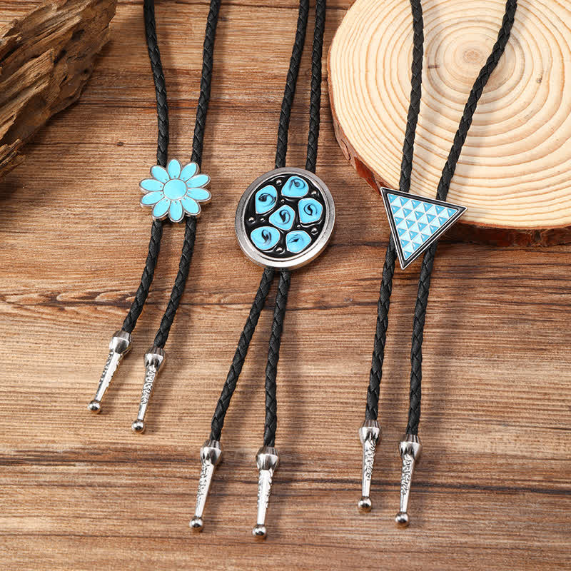 Blue Enameled Oval Flowers Triangle Bolo Tie - Image 6