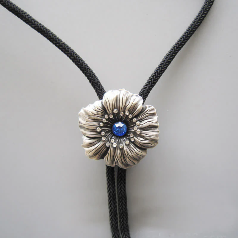 Blue Faux Crystal Rhinestone Flower Shape Bolo Tie - Image 3