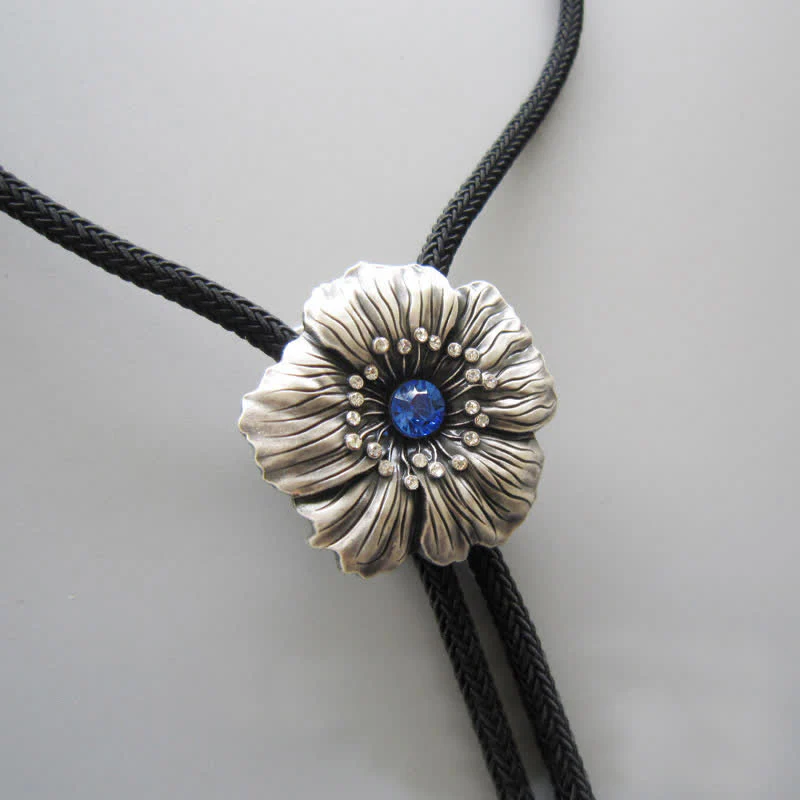 Blue Faux Crystal Rhinestone Flower Shape Bolo Tie - Image 4