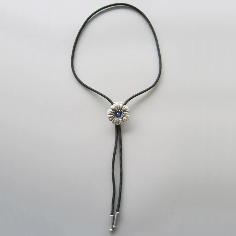 Blue Faux Crystal Rhinestone Flower Shape Bolo Tie - Image 7