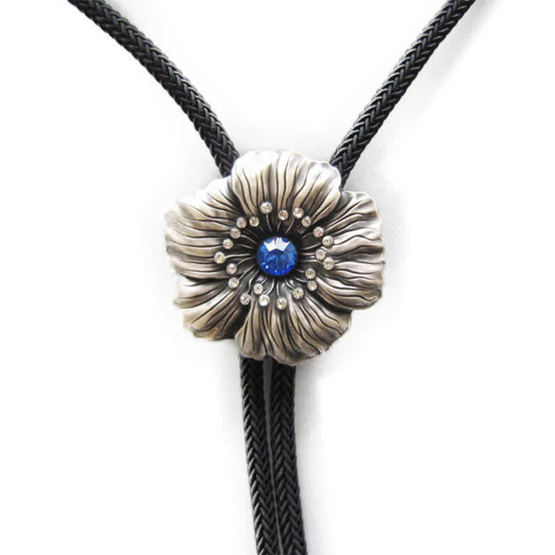 Blue Faux Crystal Rhinestone Flower Shape Bolo Tie - Image 8