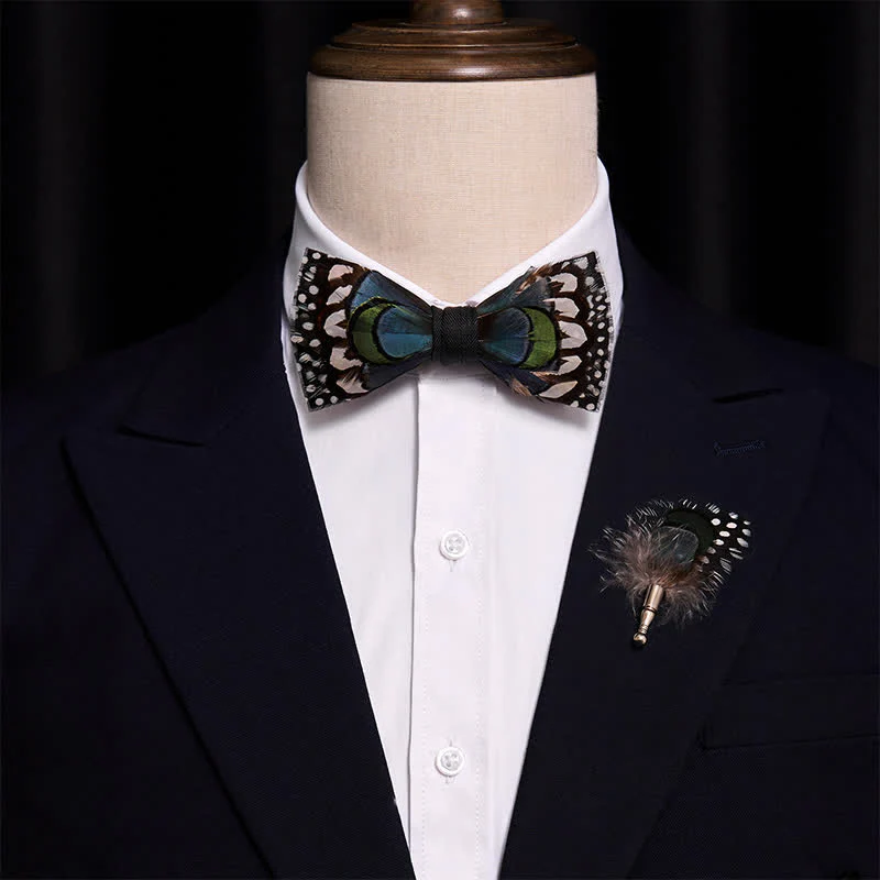 Blue Goose & White Guinea Feather Bow Tie with Lapel Pin - Image 2