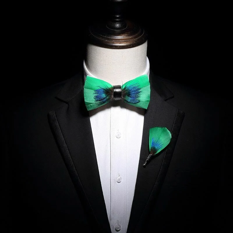 Blue & Green Novelty Feather Bow Tie with Lapel Pin - Image 3