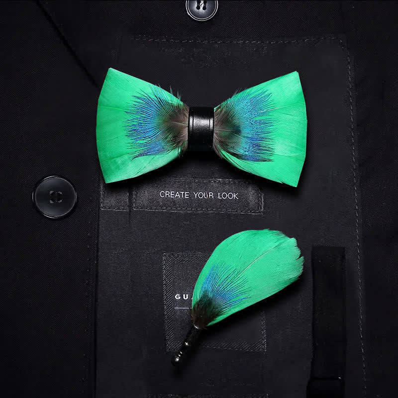 Blue & Green Novelty Feather Bow Tie with Lapel Pin - Image 6