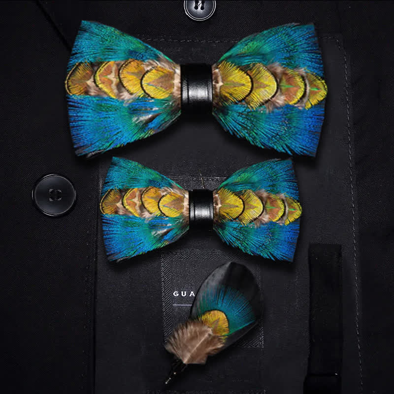 Blue & Green-yellow Feather Bow Tie with Lapel Pin - Image 7